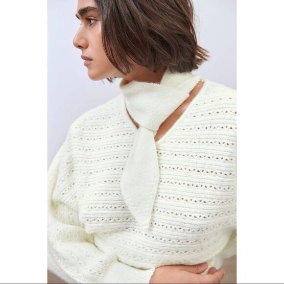 Zara NWT Bow Collar Knit Sweater White Cream Chunky Size S - Picture 1 of 15